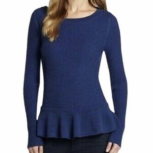 Tory Burch RAMONA Blue 100% Merino Wool Peplum Ribbed Sweater XS
